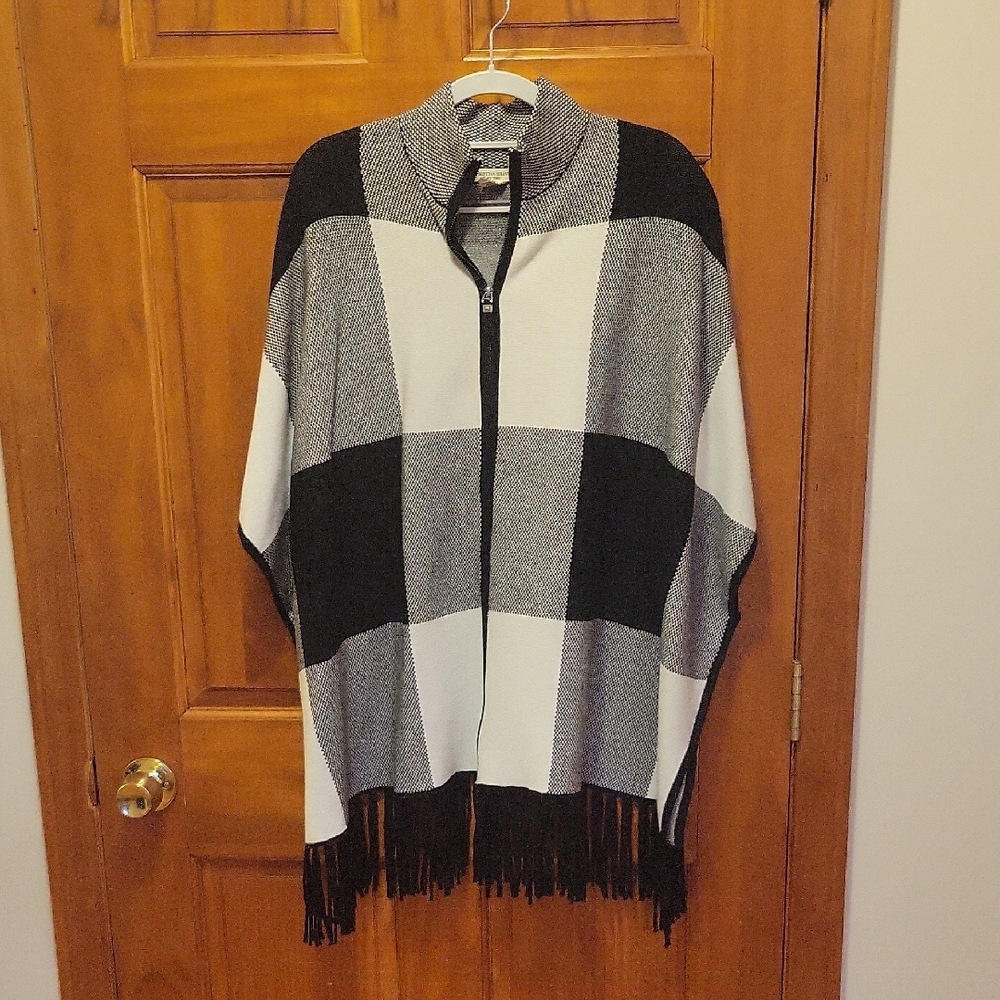 Black and White Checkered Poncho with Fringe
